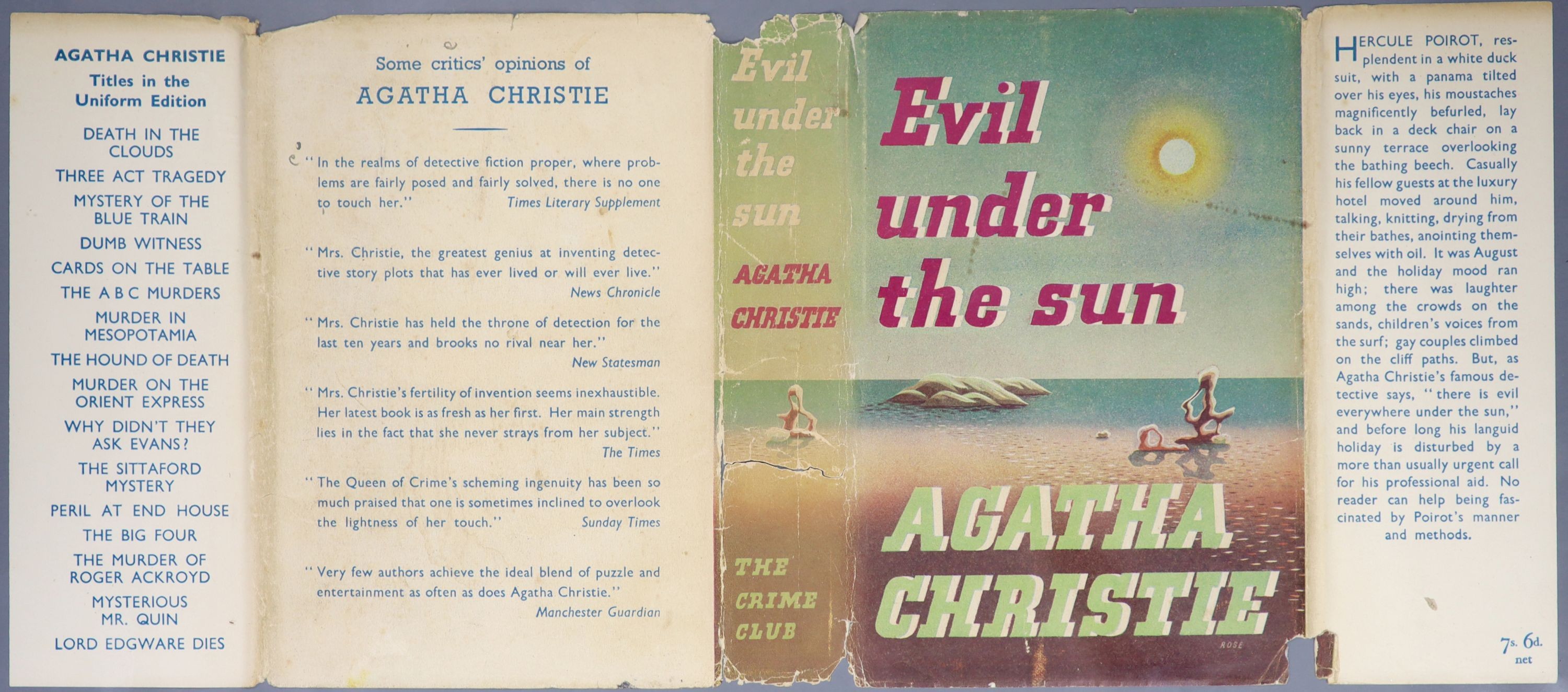 Christie, Agatha - Evil Under the Sun, 1st edition, 8vo, original cloth in unclipped d/j, tears to jacket spine, owners inscription to fly leaf, Collins for the Crime Club, London, 1941